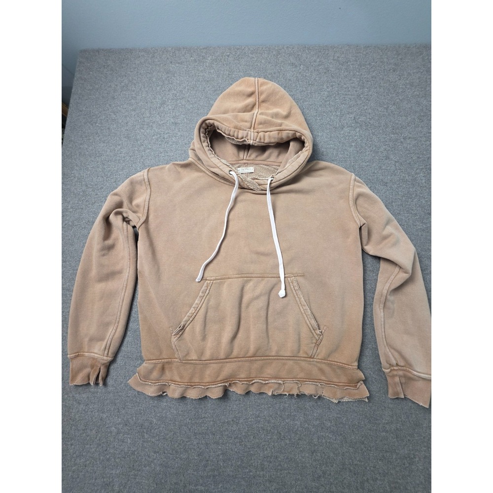 We The Free People Hoodie Womens Small Tan Stretch Long Sleeve Raw Hem Pullover
